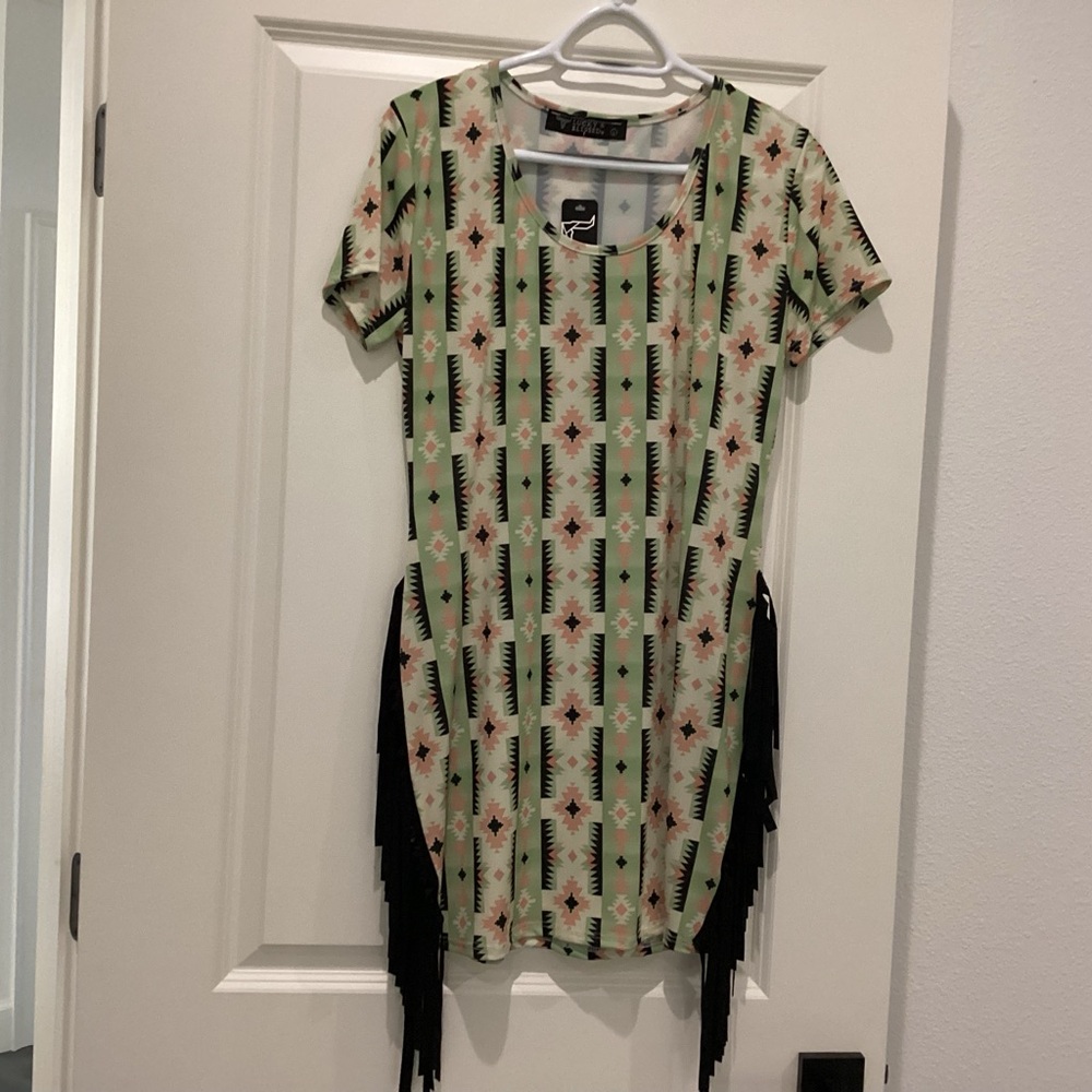 Lucky & Blessed Mint Green Aztec Midi Dress with Black Fringe - Size M - NWT